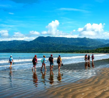 Group of teens strolling along a vast beach with clouds and forests in the background