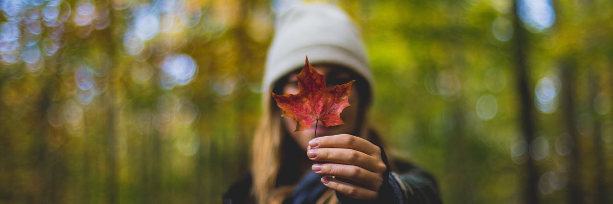 person holding red maple leaf in front of face with blurred trees in background