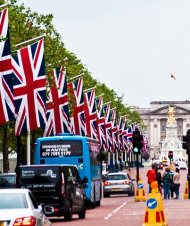 Union Flags lining a street in London, England