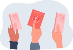 Three hands holding a passport and visa