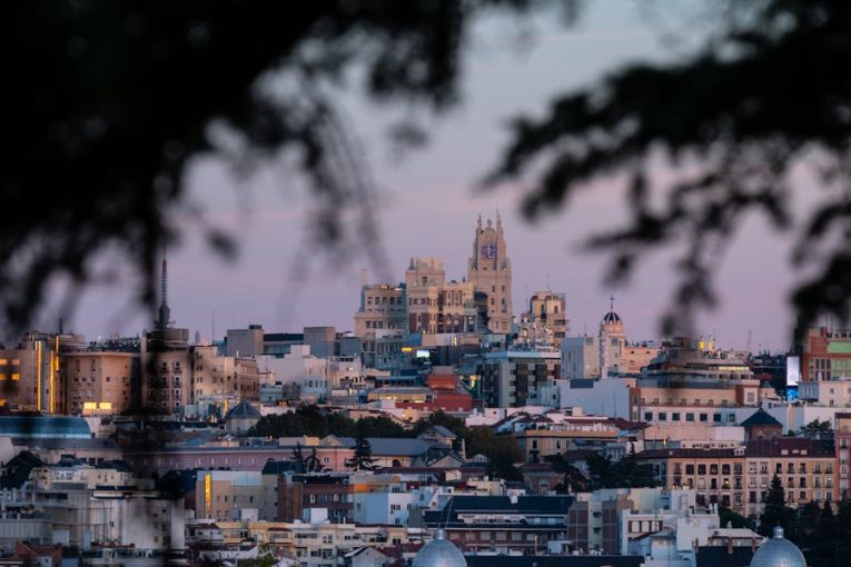 cityscape of madrid through trees