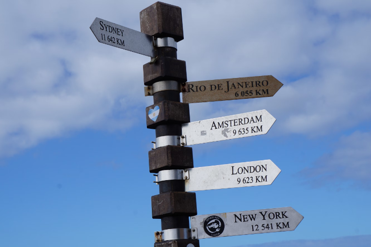 wooden post with signs listing distances to sydney, rio de janeiro, amsterdam, london, and new york