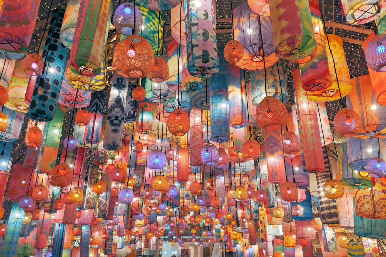 hanging lanterns in many different colors