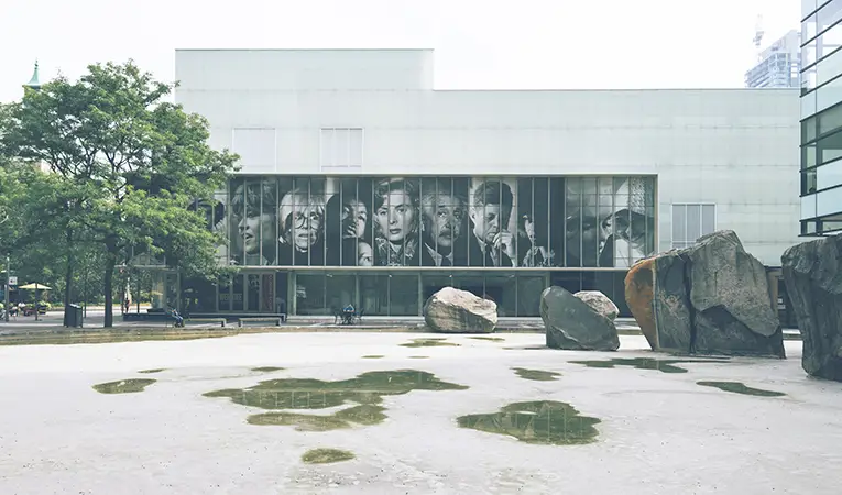 Quad/open space with art on building at Ryerson University, Toronto