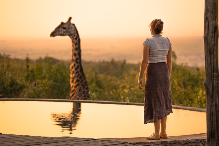 person looking at giraffe across reflection in water